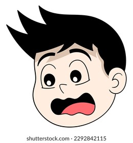 Der Kopf des Würfels, der dem emotionalen Jungen gegenübersteht, hat einen schockierten Ausdruck. Vektordesign-Illustration