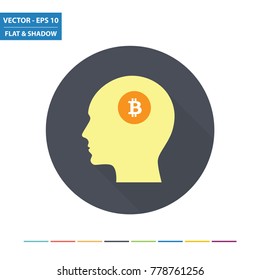 Head and currency - Bitcoin flat icon with long shadow. Vector Illustration.