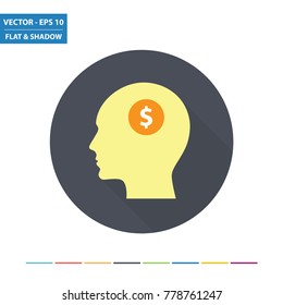 Head and currency - US dollar flat icon with long shadow. Vector Illustration.