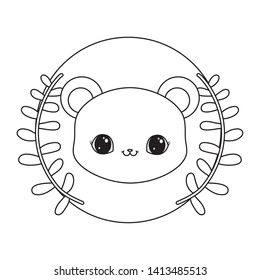 head of cute bear in frame circular with crown of leafs