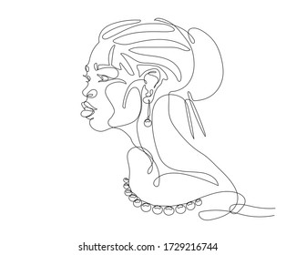 head of cute beautiful asian girl with costume jewelry, beads & earrings for logo, posters, cards, vector illustration with black contour lines isolated on white background in one line drawing style