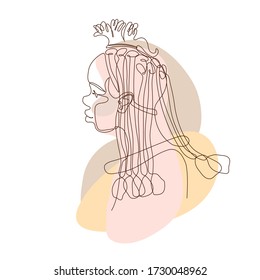 head of cute beautiful black african girl, tribe woman himba, for logo, tourist posters, cards, color vector illustration with contour lines isolated on white background in one line drawing style