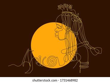 Head of cute black african girl with dreads, pigtails.Tribe woman himba, for logo, tourist posters, cards. Color vector illustration with contour lines on brown background in one line drawing style.