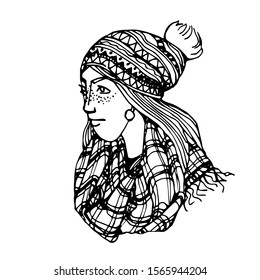 head of cute blonde girl with freckles in national Scandinavian hat with pattern and plaid scarf, vector illustration with black contour lines isolated on white background in hand drawn style