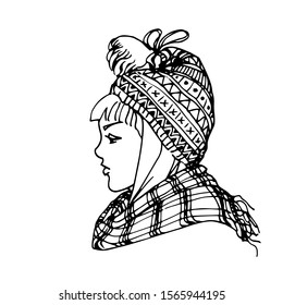 head of cute blonde girl in national Scandinavian knitted hat with pattern and plaid scarf, vector illustration with black contour lines isolated on white background in hand drawn style