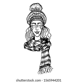 head of cute blonde girl in national Scandinavian hat with geometric pattern and plaid scarf, vector illustration with black contour lines isolated on white background in hand drawn style