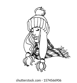 head of cute blonde girl in Scandinavian winter knitted  hat and plaid scarf, vector illustration with black contour lines isolated on white background in hand drawn style