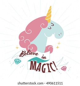 Head of cute blue Unicorn on white background vector illustration.
