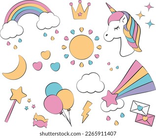 The head of a cute cartoon unicorn in gentle colors. Isolated Vector Icon.