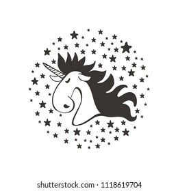 Head of cute cartoon unicorn on star background. Black and white design element for kid t shirt print.