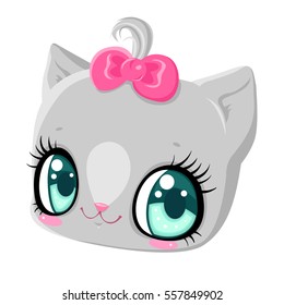 The head of a cute cat with a bow. Children character