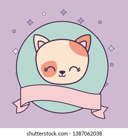 head of cute cat in frame circular with ribbon