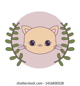 head of cute cat in frame circular with crown of leafs