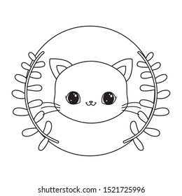 head of cute cat in frame circular with crown of leafs vector illustration design