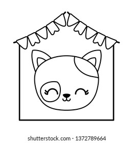 head of cute cat in frame with garlands hanging