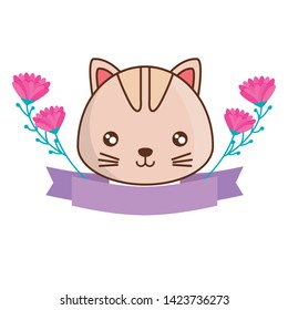 head of cute cat with ribbon and flowers