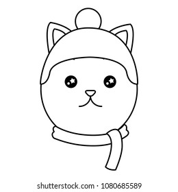 head cute cat with scarf and hat kawaii character