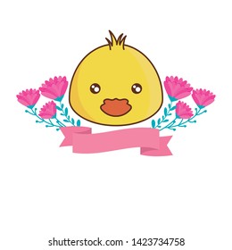 head of cute chicken with ribbon and flowers