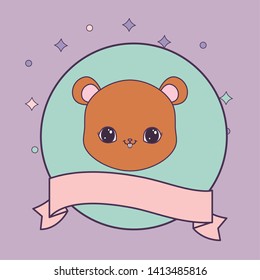 head of cute chipmunk in frame circular with ribbon