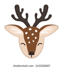 Head of cute deer in childish style with smile muzzle, horns and eyes. Funny wild animal with happy face. Vector flat illustration for holidays