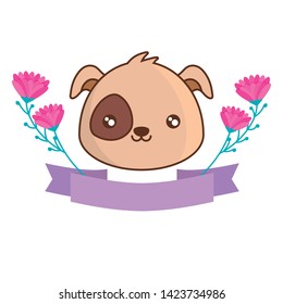 head of cute dog animal with ribbon and flowers