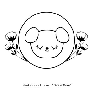 head of cute dog in frame circular with flowers