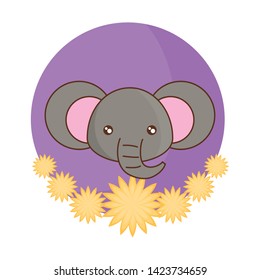 head of cute elephant in frame with flowers