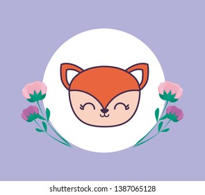 head of cute fox in frame circular with flowers