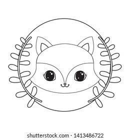 head of cute fox in frame circular with crown of leafs