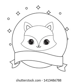 head of cute fox in frame circular with ribbon
