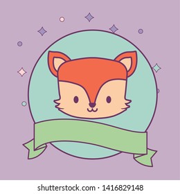head of cute fox in frame circular with ribbon