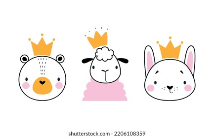 Cabeza lindos animales graciosos con coronas doradas montadas. Ilustración vectorial de oreja, cordero y conejito de princesa dibujada a mano