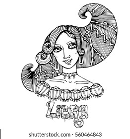 head cute funny girl with funny hair with two ponytails curls symbol of the zodiac sign Libra. black and white hand-drawn illustration for a horoscope