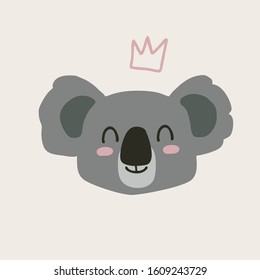 Head of a cute girl koala with a crown, isolated vector. For printing on children's clothing, postcards, textiles, bags. Sticker and avatar of koala bear. Decorations for the kids room, poster.