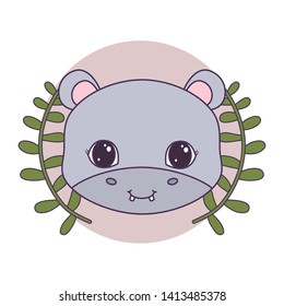 head of cute hippopotamus in frame circular with crown of leafs