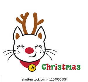 Head of a cute kitty in a Christmas deer costume