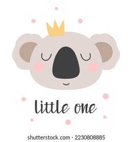 head of cute koala with crown isolated on white background, vector illustration of print for kids, koala bear in flat style