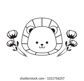 head of cute lion with flowers decoration icon vector illustration design