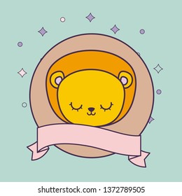 head of cute lion in frame circular with ribbon