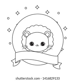 head of cute lion in frame circular with ribbon