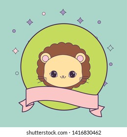 head of cute lion in frame circular with ribbon