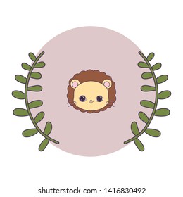 head of cute lion in frame circular with crown of leafs