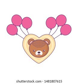 head of cute little bear baby in heart with balloons helium