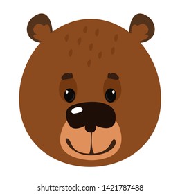 The head of a cute little brown bear on a white background. Suitable for children's clothing, textiles or rooms. Vector illustration in cartoon style.