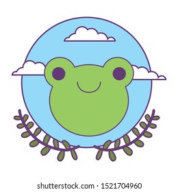 head of cute little frog baby with crown leafs vector illustration design