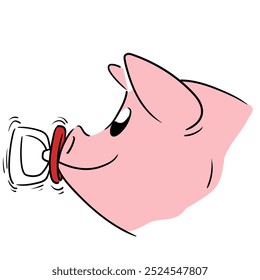 Head of cute little pig smiling with a baby pacifier side view