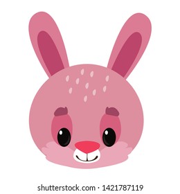 Head of a cute little pink bunny on a white background. Suitable for children's clothing, textiles or rooms. Vector illustration in cartoon style.