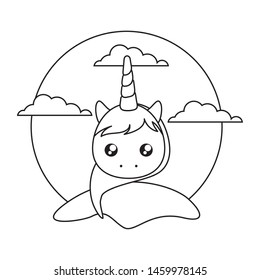 head of cute little unicorn baby in landscape