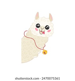 Head of cute llama with bell on neck, alpaca peeking out from around corner vector illustration