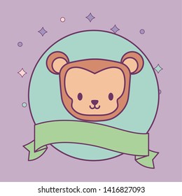 head of cute monkey in frame circular with ribbon